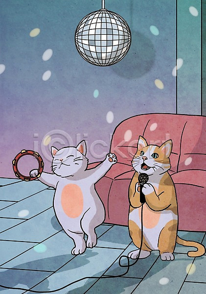 상상 사람없음 PSD 상상일러스트 일러스트 고양이 노래 노래방 동물 동물캐릭터 마이크 미러볼 소파 애니멀프린트 의자 춤 캐릭터 탬버린 판타지 포유류