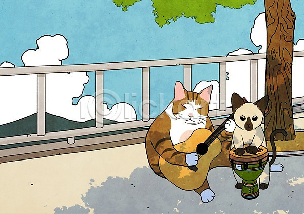 상상 사람없음 PSD 상상일러스트 일러스트 고양이 기타 나무 동물 동물캐릭터 식물 악기 애니멀프린트 연주 음악 젬베 캐릭터 타악기 판타지 포유류 현악기