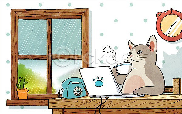 상상 사람없음 PSD 상상일러스트 일러스트 고양이 날씨 노트북 동물 동물캐릭터 비(날씨) 시간 시계 애니멀프린트 잔 전화기 차(음료) 캐릭터 커피 컴퓨터 컵 통화 판타지 포유류
