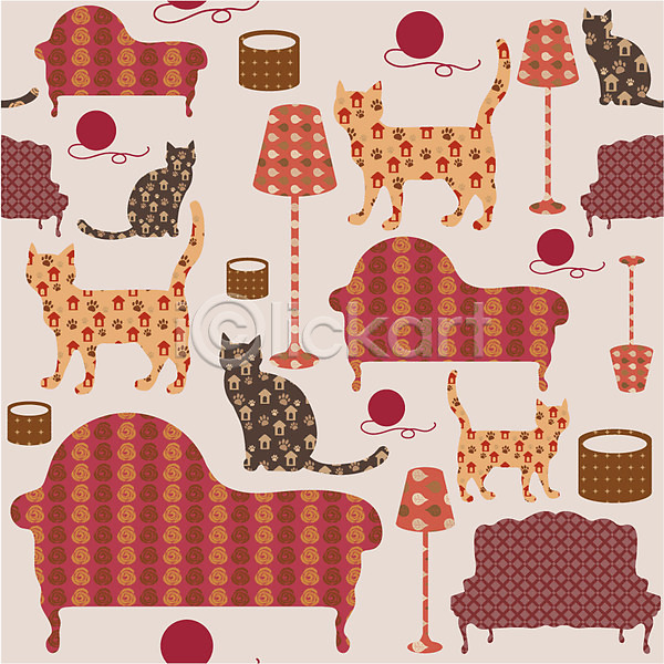 사람없음 AI(파일형식) 일러스트 가구 고양이 동물 디자인 모양 무늬 문양 반려동물 백그라운드 벽지 소파 스탠드 의자 조명 패턴 패턴백그라운드 포유류