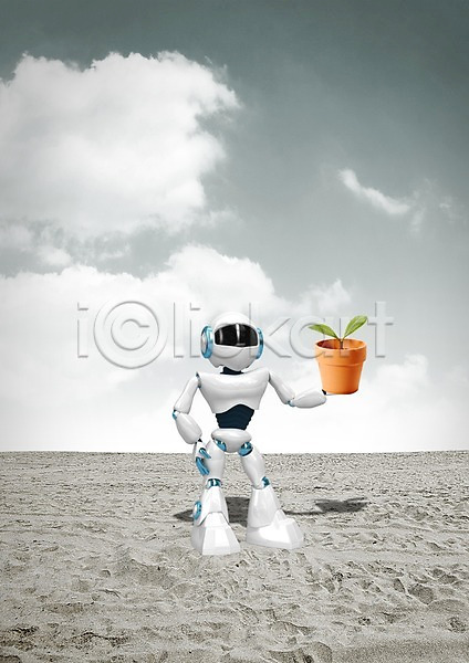 발전 사람없음 3D PSD 입체 편집이미지 4차산업 과학 구름(자연) 그래픽 로봇 모래 모래사장 새싹 식물 인조인간 장난감 첨단과학 첨단산업 편집 하늘 화분