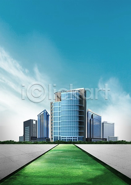 사람없음 3D PSD 입체 편집이미지 건물 구름(자연) 그래픽 길 비즈니스 빌딩 식물 잔디 편집 풀(식물) 하늘
