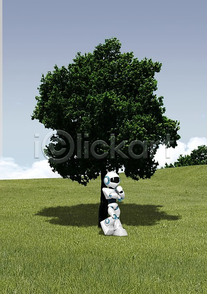 고민 발전 휴식 사람없음 3D PSD 입체 편집이미지 4차산업 과학 그래픽 나무 로봇 생각 식물 인조인간 잔디 장난감 첨단과학 첨단산업 초원(자연) 편집 풀(식물)