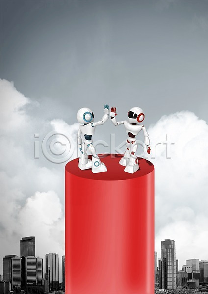 발전 협력 사람없음 3D PSD 입체 편집이미지 4차산업 건물 과학 구름(자연) 그래픽 로봇 비즈니스 빌딩 인조인간 장난감 첨단과학 첨단산업 파이팅 편집 하늘 하이파이브