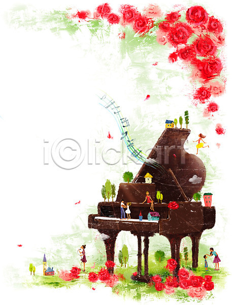 남자 사람 성인 어린이 여자 PSD 일러스트 건반 나무 노래 문화 소인 악기 예술 음악 음표 장미 춤 피아노(악기)
