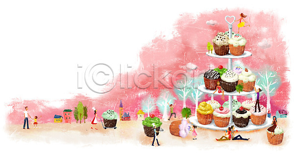 남자 사람 성인 어린이 여러명 여자 PSD 일러스트 나무 머핀 문화 빵 서기 소인 앉기 예술 제빵 컵케이크 케이크