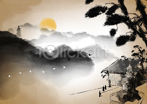 과거 추억(회상) PSD 일러스트 불교 사찰 산 산수화 석탑 소나무 승려 자연 조류 캘리배경 태양 풍경(경치) 해