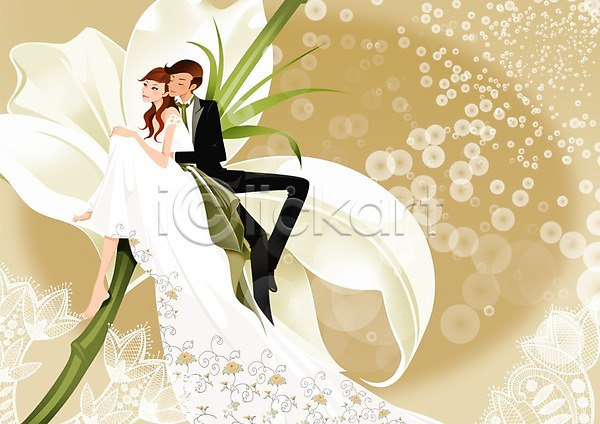 사랑 행복 남자 두명 사람 성인 성인만 여자 PSD 일러스트 결혼 꽃 드레스 백그라운드 식물 신랑 신부(웨딩) 앉기 웨딩드레스 전신 정장 커플 턱시도 풀(식물)