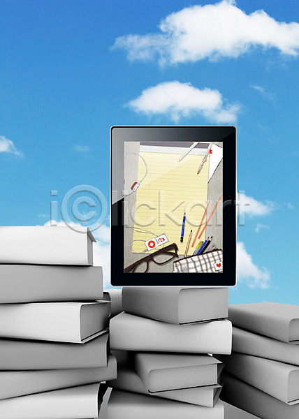 사람없음 3D PSD 편집이미지 구름(자연) 비즈니스 사무용품 스마트기기 쌓기 안경 야외 여러권 주간 책 태블릿 하늘 합성