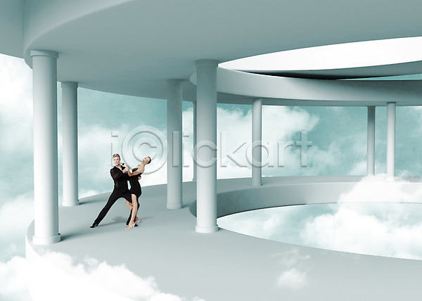 남자 두명 사람 서양인 성인 성인만 여자 외국인 3D PSD 편집이미지 구름(자연) 기둥 인테리어 춤 커플 하늘