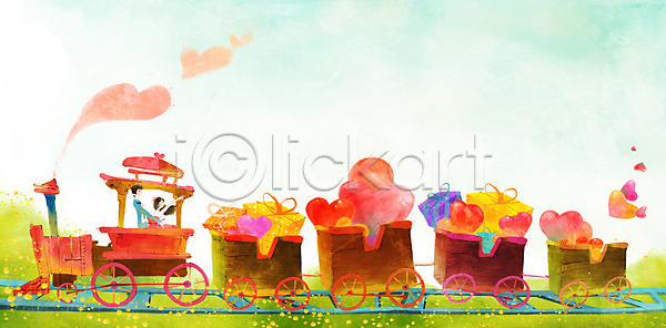 사랑 함께함 20대 남자 동양인 두명 사람 성인 성인만 여자 청년만 PSD 일러스트 국내일러스트 기차 데이트 상반신 선물 선물상자 승차 연기 커플 하트