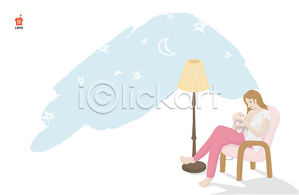 함께함 화목 두명 사람 성인 아기 여자 여자만 AI(파일형식) 일러스트 가족 가족라이프 달 라이프 라이프스타일 모유 모유수유 별 수유 스탠드 안기 앉기 엄마 의자 자녀 자식 전신 조명