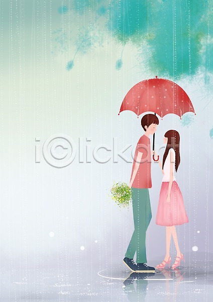 사랑 여유 행복 남자 두명 사람 성인 성인만 여자 PSD 옆모습 일러스트 꽃 꽃다발 날씨 데이트 들기 마주보기 비(날씨) 빗방울 서기 선물 우산 전신 커플 커플라이프
