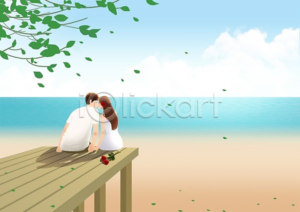 사랑 여유 행복 휴식 남자 두명 사람 성인 성인만 여자 PSD 뒷모습 일러스트 구름(자연) 나무 나뭇가지 나뭇잎 날리기 다리(건축물) 데이트 모래 모래사장 바다 상반신 스킨십 앉기 장미 커플 커플라이프 키스 하늘 해변
