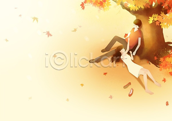 사랑 여유 행복 휴식 남자 두명 사람 성인 성인만 여자 PSD 일러스트 가을(계절) 계절 기댐 나무 나뭇잎 낙엽 날리기 눕기 단풍 데이트 앉기 전신 커플 커플라이프