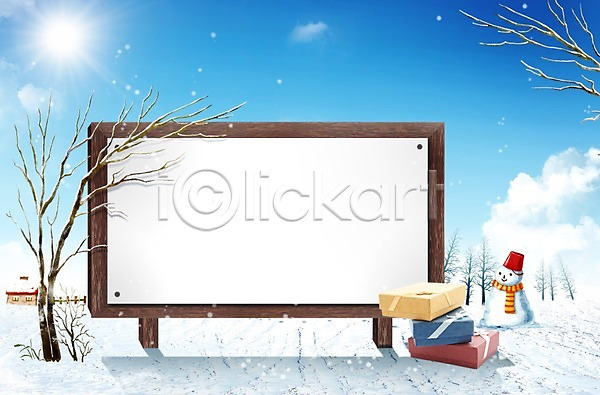 사람없음 PSD 편집이미지 겨울 계절 구름(자연) 나무 나뭇가지 눈(날씨) 눈내림 눈사람 선물 선물상자 설경 식물 알림판 앙상함 이벤트 크리스마스 편집 풍경(경치) 프레임 하늘
