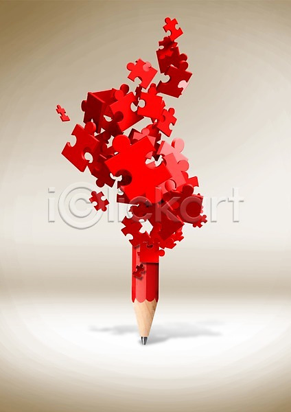 사람없음 3D PSD 편집이미지 그림자 빨간색 사무용품 연필 오브젝트 컬러 퍼즐 퍼즐조각 필기구
