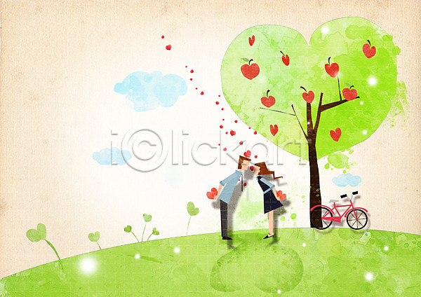 사랑 함께함 남자 두명 사람 성인 성인만 여자 PSD 일러스트 과일 교통수단 구름(자연) 나무 마주보기 사과나무 서기 스킨십 식물 언덕 열매 자전거 잔디 전신 커플 커플라이프 키스 하트