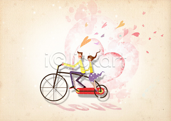 사랑 함께함 남자 두명 사람 성인 성인만 여자 PSD 일러스트 교통수단 앉기 자전거 전신 커플 커플라이프 하트