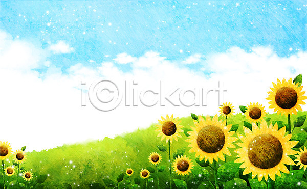시원함 사람없음 PSD 일러스트 계절 구름(자연) 꽃 꽃밭 백그라운드 식물 언덕 여름(계절) 여름풍경 자연 초원(자연) 풀(식물) 풍경(경치) 하늘 해바라기