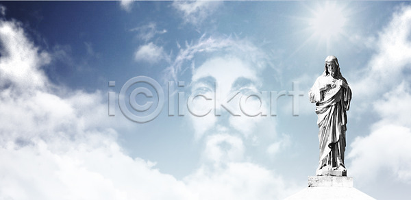 사람없음 PSD 편집이미지 구름(자연) 기독교 동상 백그라운드 얼굴 예수 예수상 조각상 종교 천주교 편집 하늘 햇빛