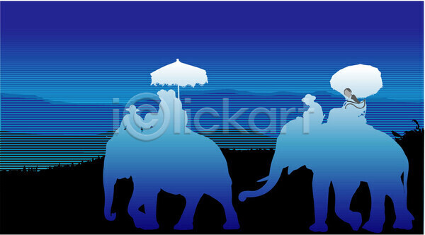 EPS 실루엣 일러스트 해외이미지 검은색 고립 공원 동물 여행 여행객 우산 일몰 일출 코끼리 큼 태국 풍경(경치) 하늘 해외202004