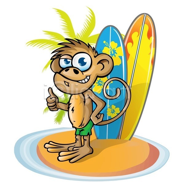 사람없음 EPS 일러스트 해외이미지 따봉 서퍼 서핑 서핑보드 섬 야자수잎 원숭이 캐릭터 코믹 해외202004