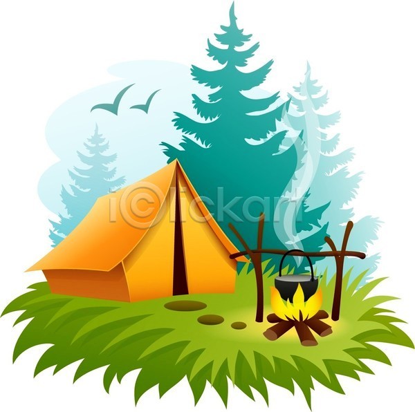 사람없음 EPS 일러스트 해외이미지 냄비 모닥불 숲 음식 캠핑 텐트 해외202004