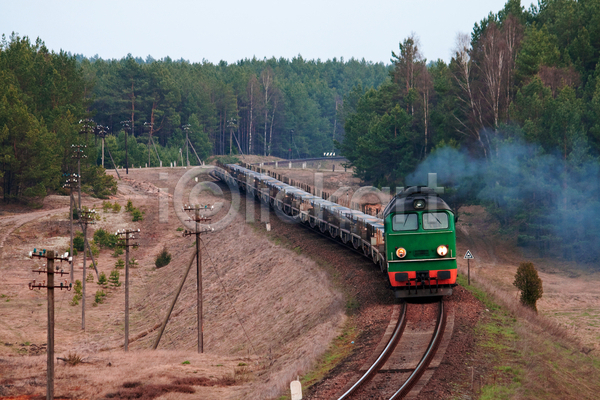 사람없음 JPG 포토 해외이미지 가로 곡선 광택 교통시설 기차 무거움 산업 선로 숲 시골 야외 여름(계절) 자연 폴란드 풍경(경치) 해외202004 햇빛 화물 환경 힘