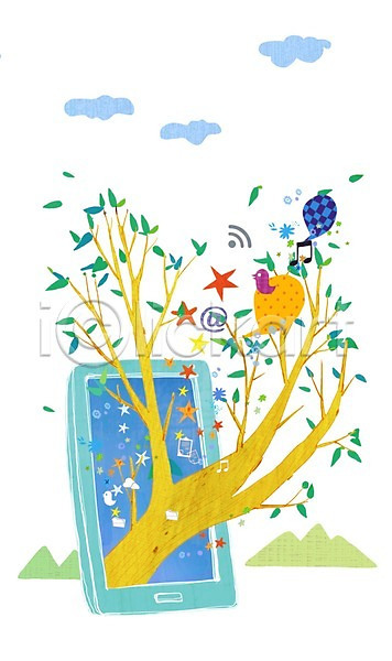 상상 소통 스마트 사람없음 PSD 상상일러스트 일러스트 구름(자연) 꿈 나무 나뭇가지 나뭇잎 동물 말풍선 무선통신 산 스마트기기 스마트폰 식물 언론 음표 조류 컨텐츠 판타지 하늘 핸드폰