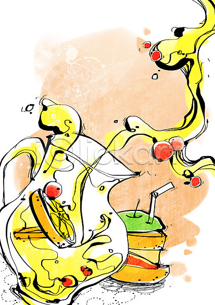 사람없음 PSD 라인일러스트 일러스트 과일 디저트 레모네이드 레몬 물줄기 백그라운드 병(담는) 빨대 식기 유리병 음료 음식 장식 주스 체리 컵