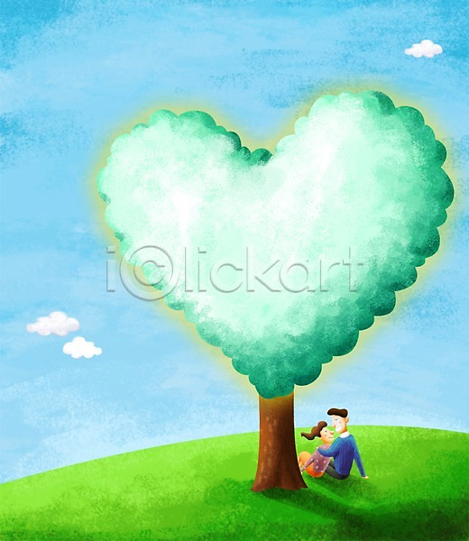 사랑 희망 희망프로젝트 남자 두명 사람 성인 성인만 여자 PSD 일러스트 구름(자연) 나무 백그라운드 사랑나눔 앉기 어깨동무 언덕 잔디 전신 커플 하늘 하트 하트백그라운드