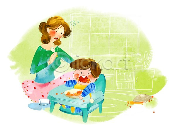 즐거움 행복 두명 사람 성인 아기 여자 여자만 PSD 일러스트 가족 가족라이프 그릇 라이프 라이프스타일 물컵 식사 식습관 아들 앉기 엄마 엎지름 음식 의자 자녀 자식 전신 탁자