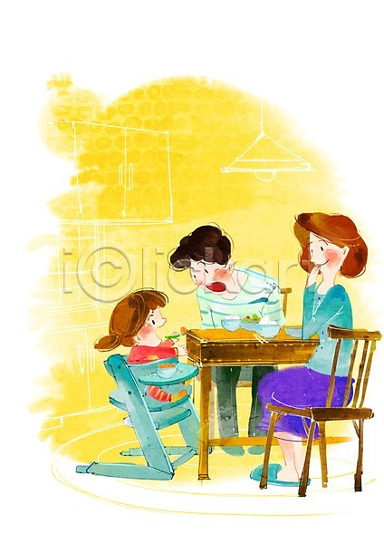 즐거움 행복 남자 사람 성인 세명 아기 여자 PSD 일러스트 가족 가족라이프 그릇 딸 라이프 라이프스타일 먹여주기 밥 숟가락 식기 식사 식탁 아빠 앉기 엄마 음식 의자 자녀 자식 전신 조명 탁자
