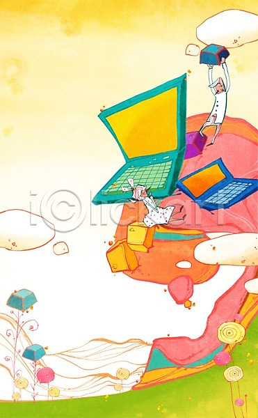 상상 소통 남자 두명 사람 성인 성인만 여자 PSD 상상일러스트 일러스트 구름(자연) 꿈 노트북 산 앉기 언론 잔디 전신 커플 컴퓨터 키보드 판타지 하늘
