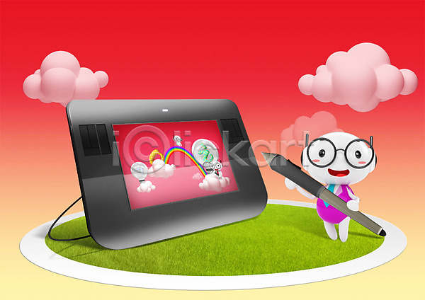 사람없음 PSD 일러스트 3D캐릭터 교육 교육캐릭터 구름(자연) 들기 백그라운드 스마트기기 스크린 식물 잔디 캐릭터 태블릿 펜 풀(식물) 하늘