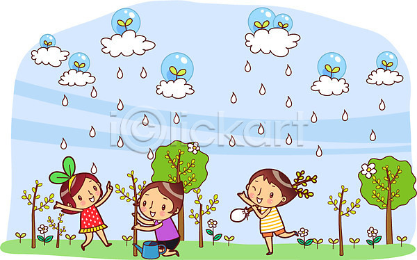 물절약 보호 절약 남자 사람 세명 소녀(어린이) 소년 어린이 어린이만 여자 AI(파일형식) 일러스트 구름(자연) 그린캠페인 꽃 나무 나무심기 묘목 물 물방울 물뿌리개 미소(표정) 비(날씨) 빗방울 식물 웃음 자연보호 전신 캠페인