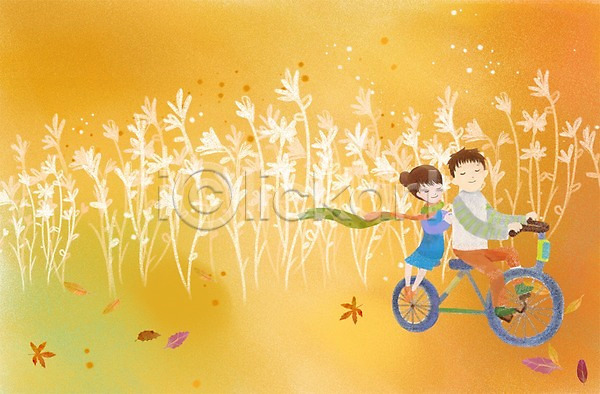 남자 두명 사람 성인 성인만 여자 PSD 일러스트 가을(계절) 가을배경 가을풍경 계절 꽃 백그라운드 식물 앉기 자연 자전거 전신 초원(자연) 커플 풍경(경치)