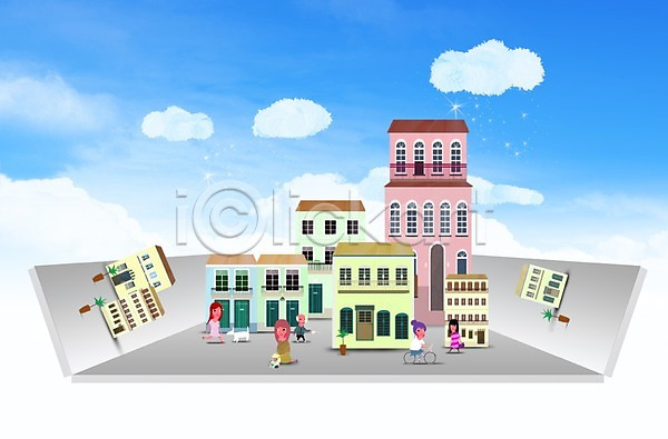 여러명 PSD 편집이미지 거리 건물 구름(자연) 길 도시 마을 종이 주택 타운 편집 풍경(경치) 하늘