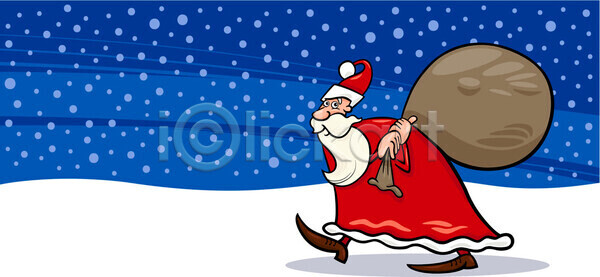 남자 노년 노인남자한명만 EPS 일러스트 해외이미지 걷기 겨울 눈(날씨) 눈내림 들기 디자인 미소(표정) 산타클로스 자루 크리스마스 파란색 해외202004