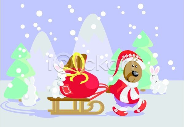 기쁨 축하 사람없음 EPS 일러스트 해외이미지 겨울 나무 눈송이 당기기 디자인 루돌프 리본 백그라운드 산 산타모자 산타옷 산타클로스 선물자루 승차 썰매 장난감 크리스마스 토끼 해외202004
