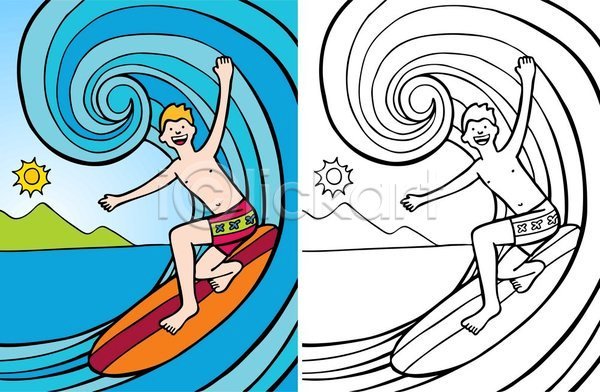 남자 두명 소년 소년만 어린이 EPS 일러스트 해외이미지 색칠공부 서퍼 서핑 서핑보드 손들기 수영복 여름(계절) 전신 파도 팔벌리기 해외202004
