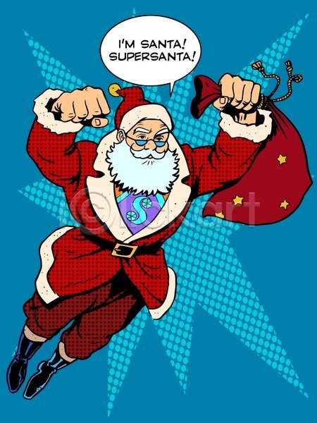 남자 노년 노인남자한명만 한명 EPS 일러스트 해외이미지 들기 말풍선 보따리 빨간색 산타모자 산타클로스 선물자루 슈퍼맨 슈퍼히어로 영웅 코믹 크리스마스 파란색 팝아트 해외202004