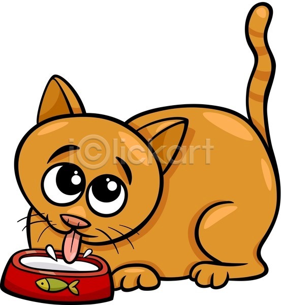 귀여움 사람없음 EPS 일러스트 해외이미지 고양이 만화 먹기 밥그릇 우유