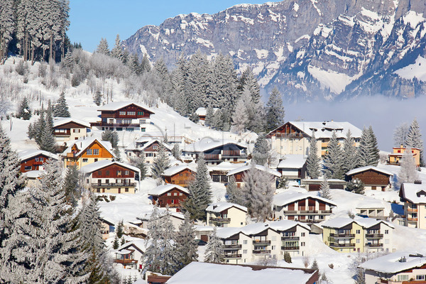 사람없음 JPG 포토 해외이미지 겨울 겨울풍경 나무 눈덮임 마을 스위스 야외 주간 주택 해외202004