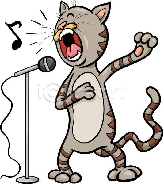 귀여움 사람없음 EPS 일러스트 해외이미지 고양이 노래 만화 미소(표정) 스탠드마이크 음표 회색