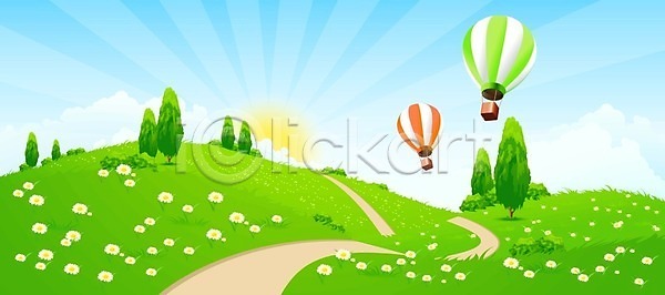 사람없음 EPS 일러스트 해외이미지 구름 꽃 나무 내추럴 도로 땅 백그라운드 봄 수평선 식물 야외 언덕 여름 잎 자연 장면 초록색 캐모마일 파란색 풍경 풍선 하늘 해외202004 해외일러스트 환경