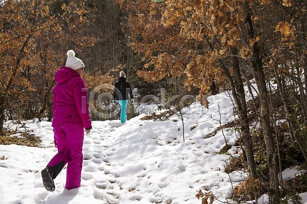 산책 추위 두명 사람 성인 성인여자만 여자 JPG 뒷모습 포토 해외이미지 걷기 겨울 겨울옷 길 나무 눈내림 등산 라이프스타일 맑음 설산 설원 숲 야외 전신 주간 하이킹 해외202004