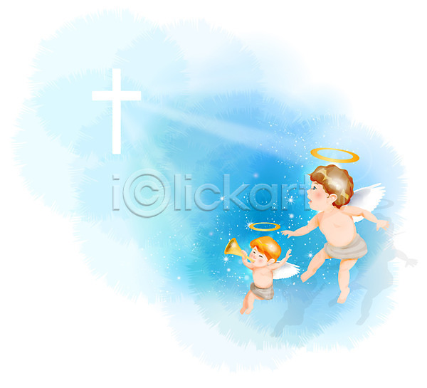 믿음 두명 아기 아기만 AI(파일형식) 일러스트 기독교 나팔 백그라운드 십자가 악기 전신 종교 천사 천사날개