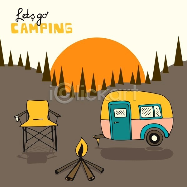 사람없음 EPS 일러스트 해외이미지 산 숲 슬로건 여름(계절) 응시 의자 일출 저녁 캠핑 타이포그라피 태양 텐트 편지 하늘 해외202004